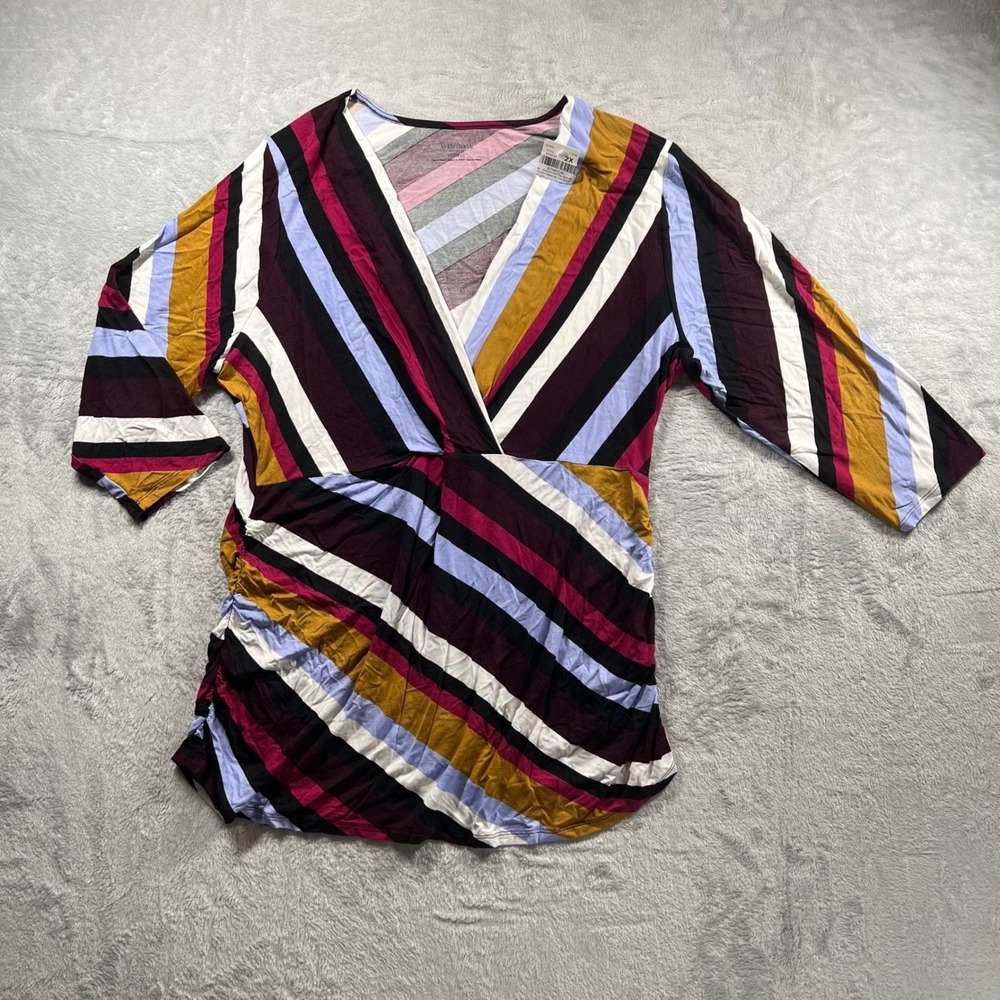 Motherhood Maternity Womens 2X Top V-Neck Striped 3/4 Sleeve Ruched Side Blouse